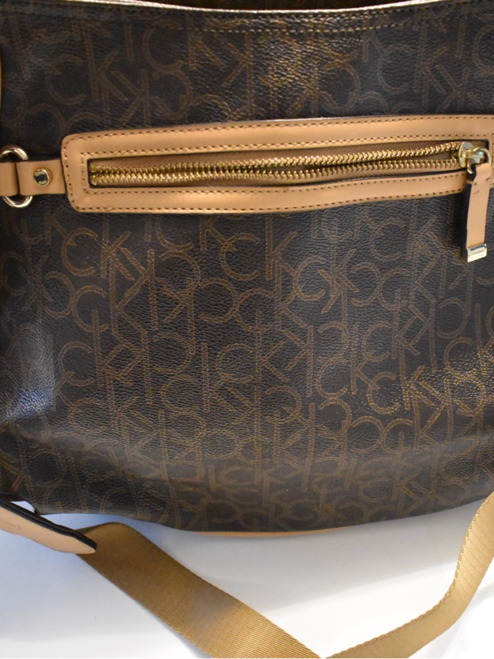 Calvin Klein Dark Brown Monogram Crossbody with Tan Strap Pad